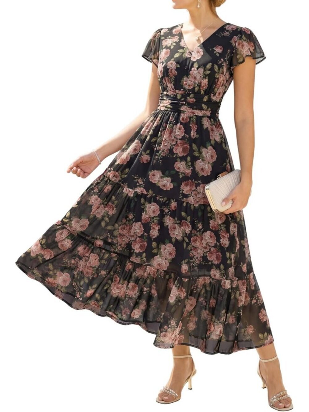 Women's Black-based Clustered Roses Short Sleeve Floral Formal Flow Maxi Dress